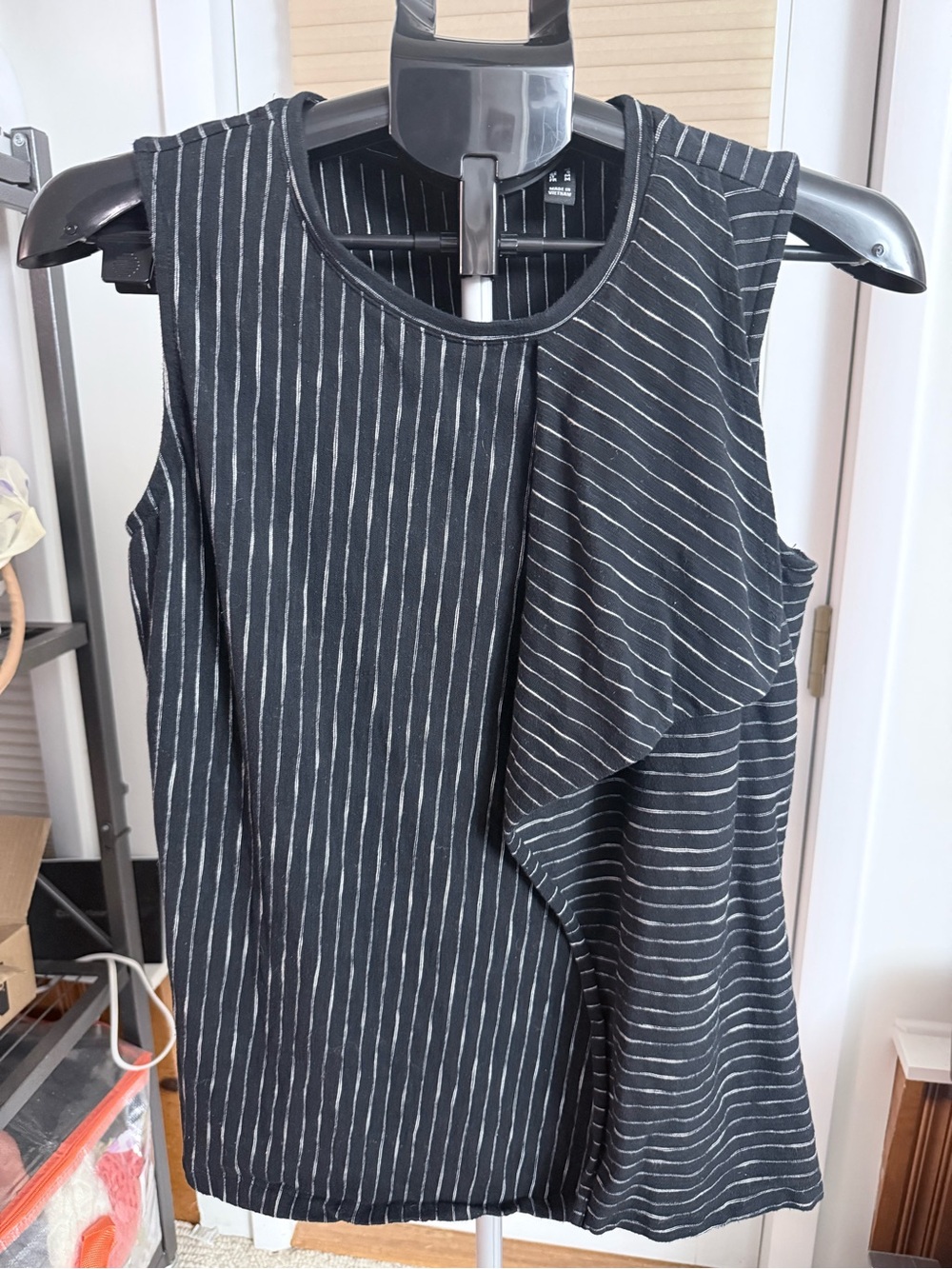 H by Halston Striped Sleeveless Tank asymmetrical Flounce Drape modern pinstripe